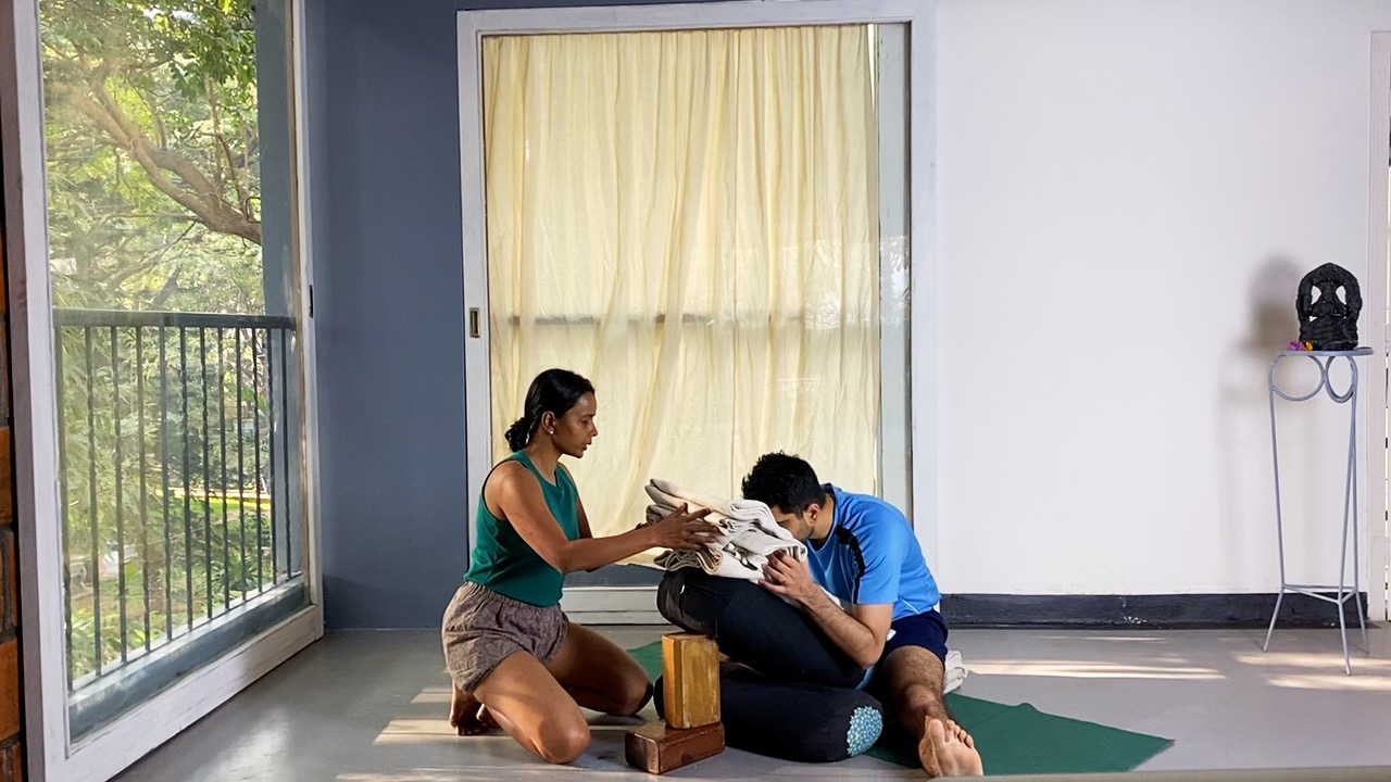 Viparita karani, Halasana, Upavistakonasana: Independent and Supported - Image 4