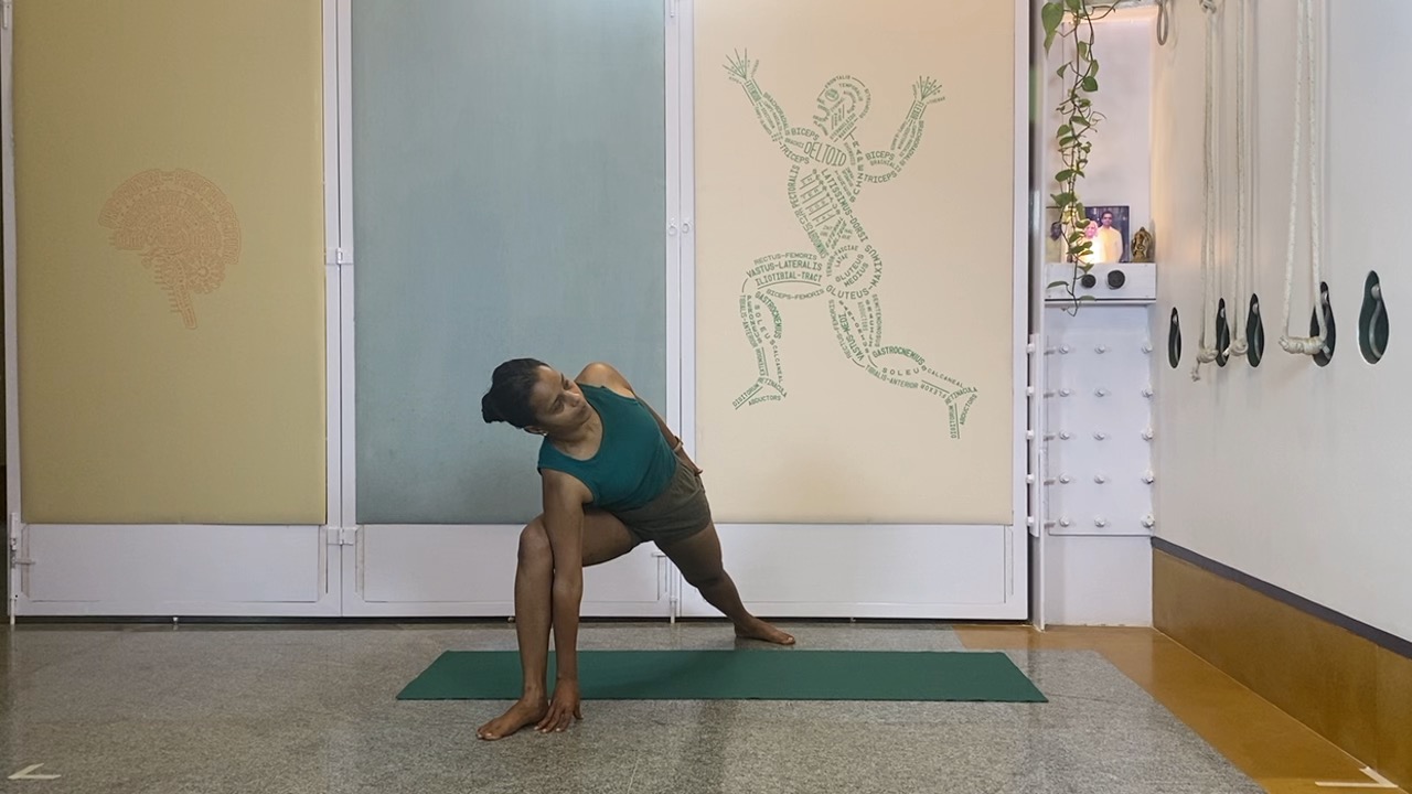 Progressions from Virabhadrasana1 to Twists, Abdominals and Inversions: Parivrtta parsvakonasana, Eka pada setubandha sarvangasana - Image 4